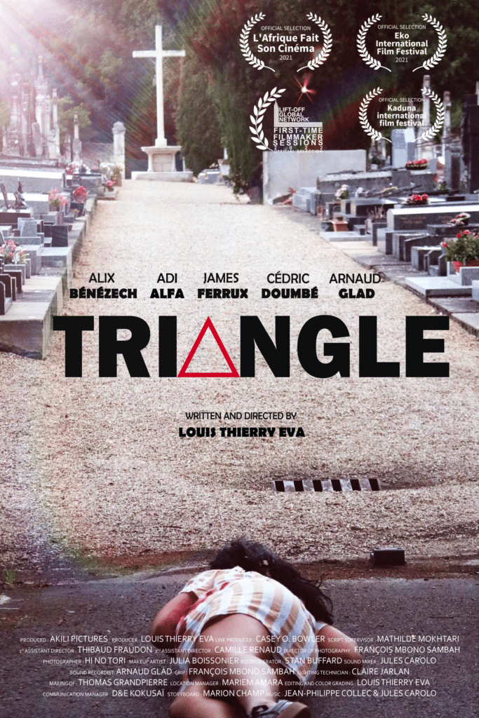 Affiche film TRIANGLE, cimetière, personne au sol. Acteurs: Bénézèch, Alfa, Ferrux. Réal. Louis Thierry Eva. Sélections festivals incluses.