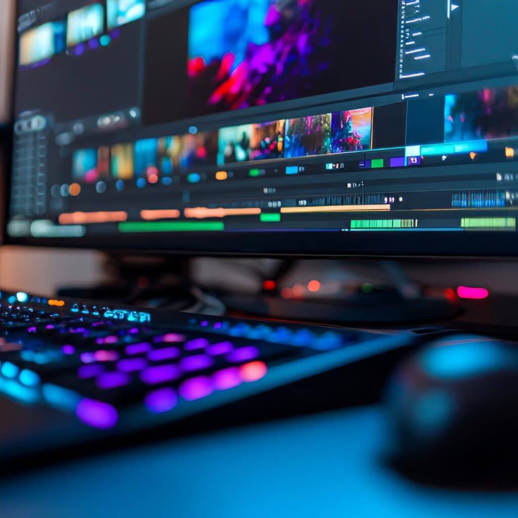 Interface de logiciel de montage vidéo sur écran d'ordinateur avec timeline, clips et ondes sonores. Clavier RGB lumineux en premier plan.