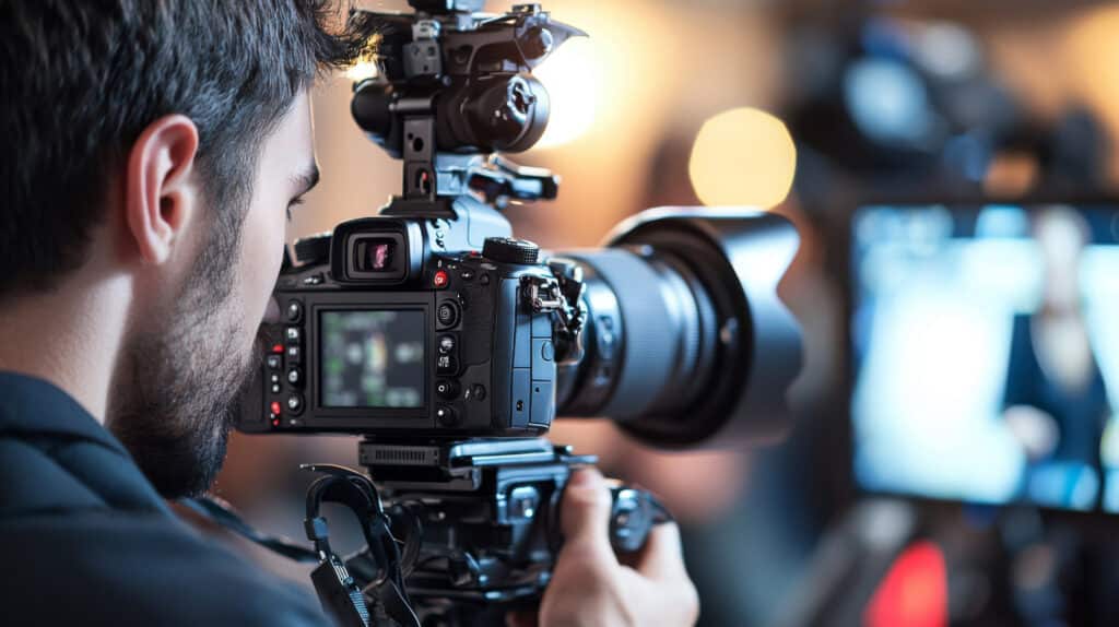 Opérateur vidéo filmant avec une caméra professionnelle, écran allumé, lors d'un événement avec des lumières floues en arrière-plan.